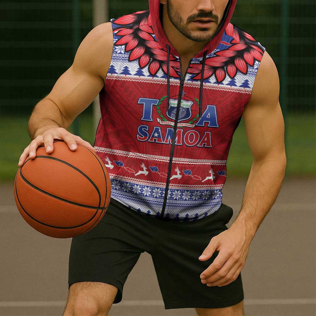 Personalised Toa Samoa Rugby Christmas Sleeveless Zip Hoodie Ula Fala Samoan Pattern Red - Polynesian Pride