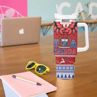 Toa Samoa Rugby Christmas Tumbler With Handle Ula Fala Samoan Pattern Red - Polynesian Pride