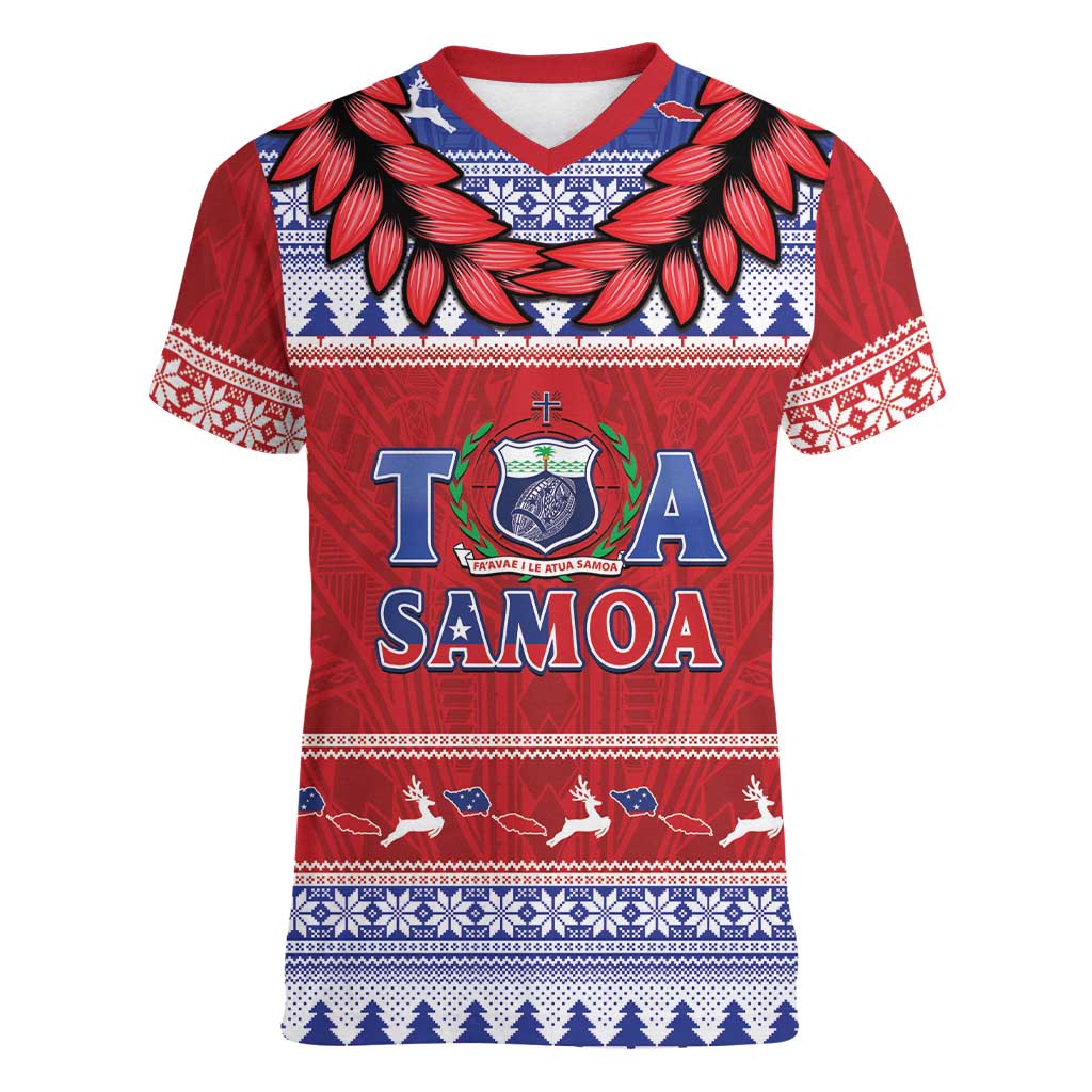 Personalised Toa Samoa Rugby Christmas Women V-Neck T-Shirt Ula Fala Samoan Pattern Red - Polynesian Pride