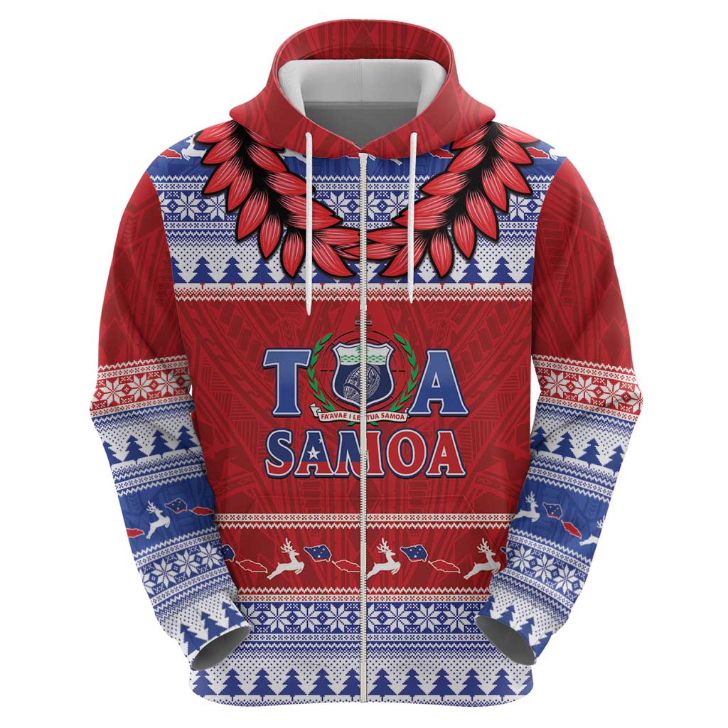 Personalised Toa Samoa Rugby Christmas Zip Hoodie Ula Fala Samoan Pattern Red - Polynesian Pride