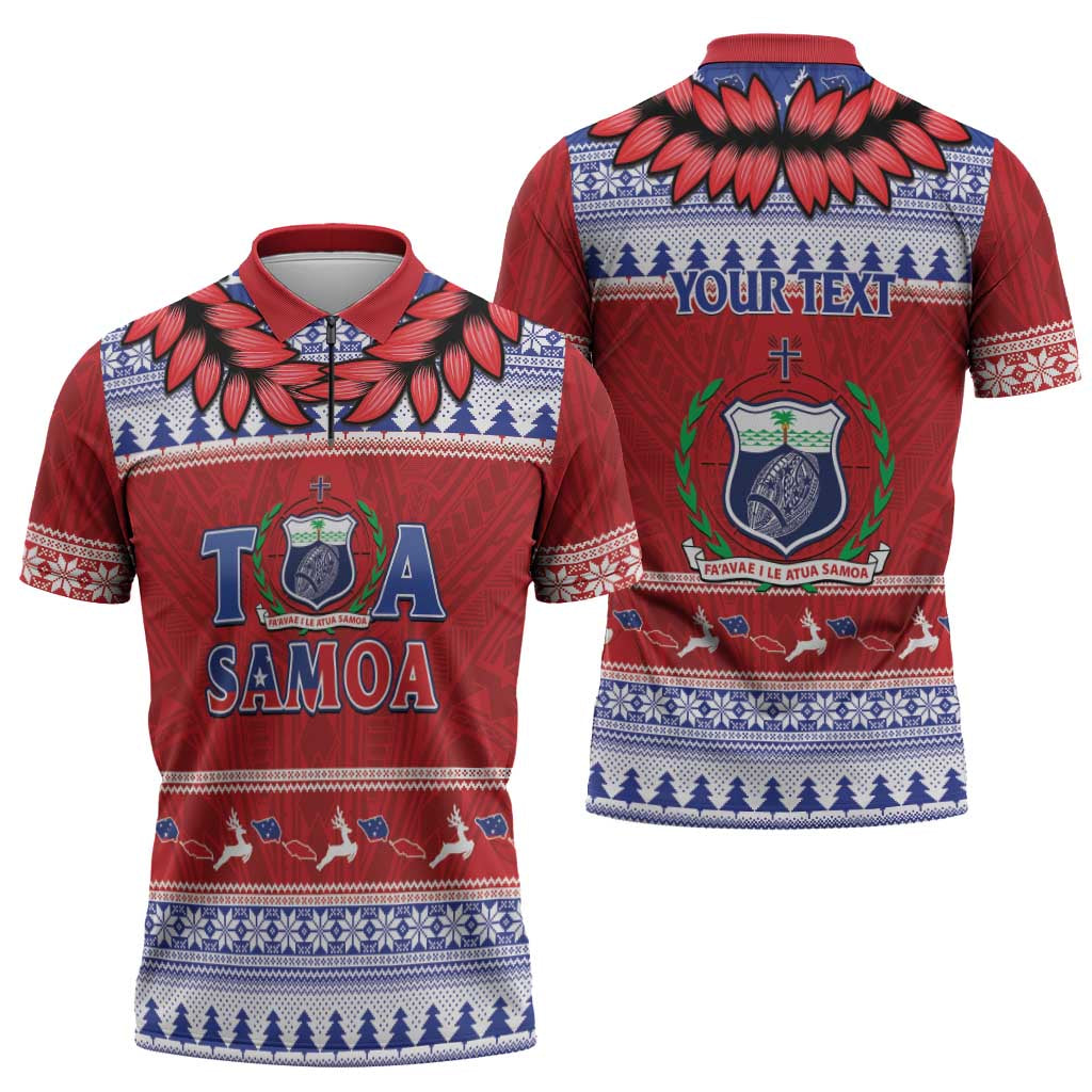 Personalised Toa Samoa Rugby Christmas Zipper Polo Shirt Ula Fala Samoan Pattern Red - Polynesian Pride