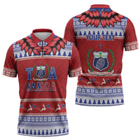 Personalised Toa Samoa Rugby Christmas Zipper Polo Shirt Ula Fala Samoan Pattern Red - Polynesian Pride