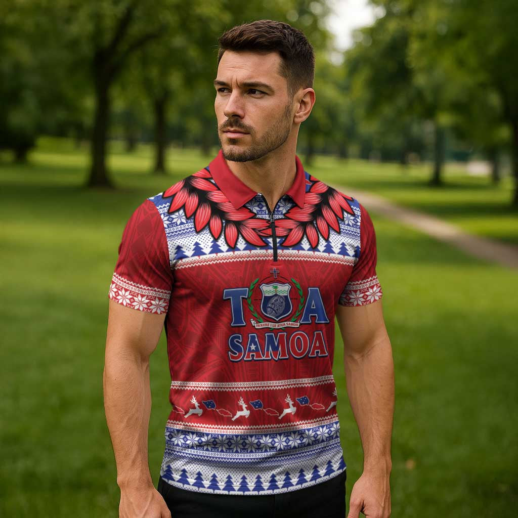 Personalised Toa Samoa Rugby Christmas Zipper Polo Shirt Ula Fala Samoan Pattern Red - Polynesian Pride
