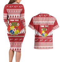 Personalised Tonga Rugby Christmas Couples Matching Long Sleeve Bodycon Dress and Hawaiian Shirt Mate Maa Tonga Ngatu Pattern - Polynesian Pride