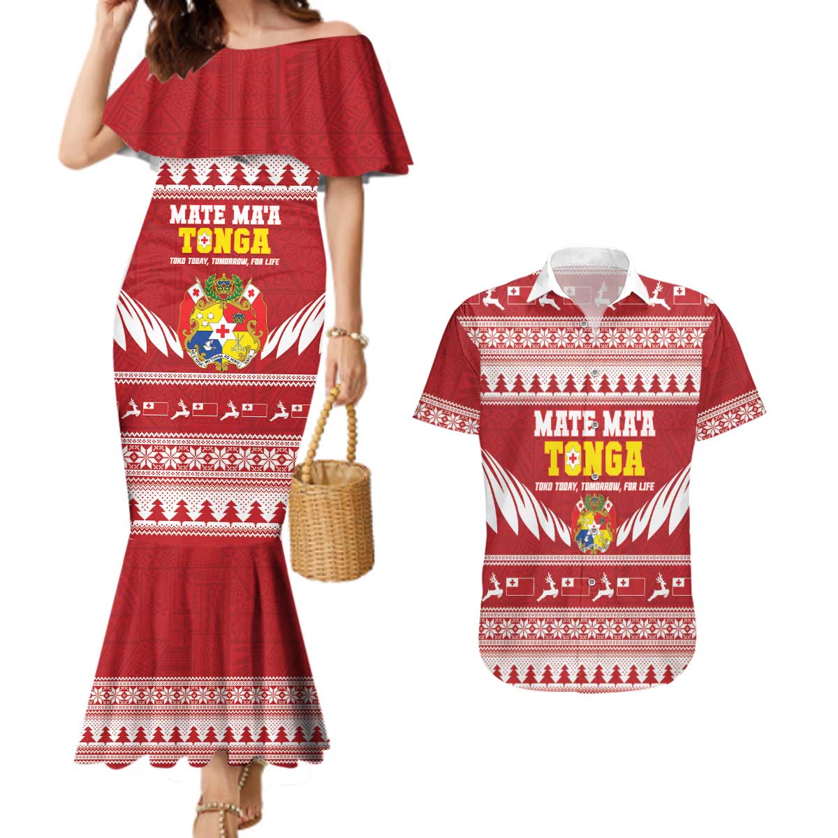 Personalised Tonga Rugby Christmas Couples Matching Mermaid Dress and Hawaiian Shirt Mate Maa Tonga Ngatu Pattern - Polynesian Pride