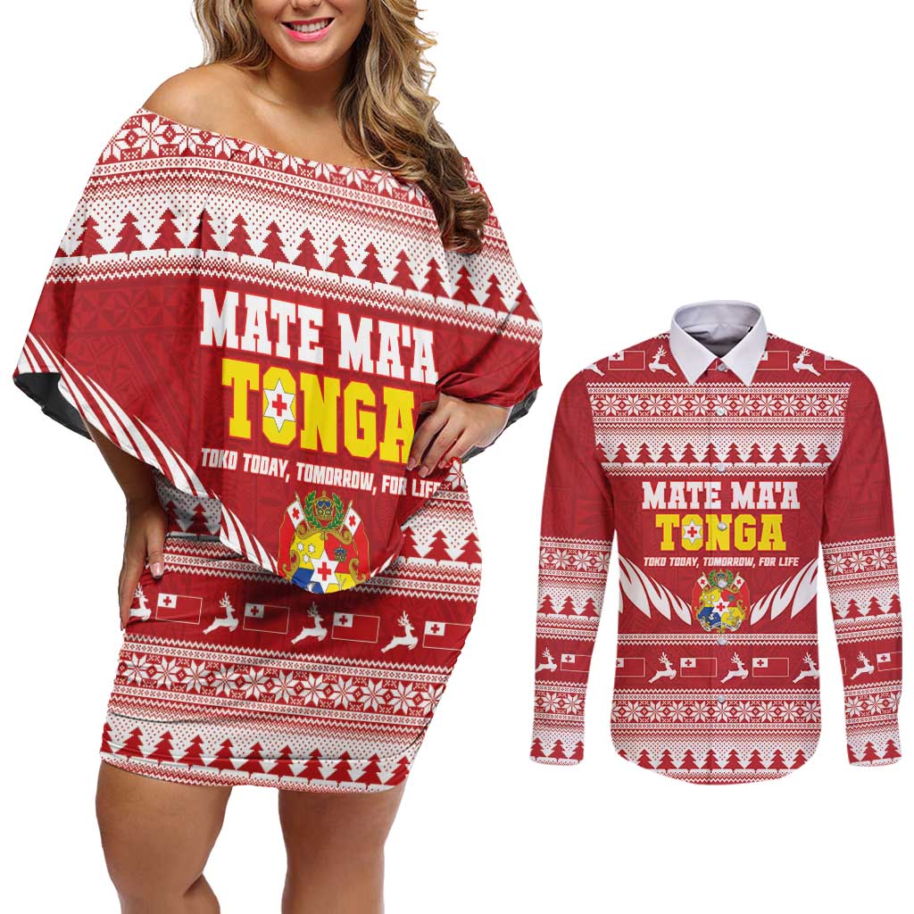 Personalised Tonga Rugby Christmas Couples Matching Off Shoulder Short Dress and Long Sleeve Button Shirt Mate Maa Tonga Ngatu Pattern LT14 Red - Polynesian Pride