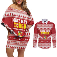 Personalised Tonga Rugby Christmas Couples Matching Off Shoulder Short Dress and Long Sleeve Button Shirt Mate Maa Tonga Ngatu Pattern LT14 Red - Polynesian Pride