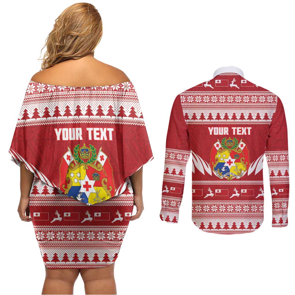 Personalised Tonga Rugby Christmas Couples Matching Off Shoulder Short Dress and Long Sleeve Button Shirt Mate Maa Tonga Ngatu Pattern LT14 - Polynesian Pride
