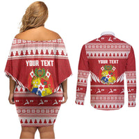 Personalised Tonga Rugby Christmas Couples Matching Off Shoulder Short Dress and Long Sleeve Button Shirt Mate Maa Tonga Ngatu Pattern LT14 - Polynesian Pride