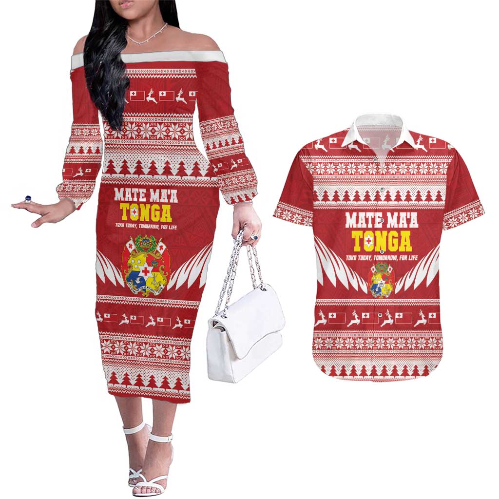 Personalised Tonga Rugby Christmas Couples Matching Off The Shoulder Long Sleeve Dress and Hawaiian Shirt Mate Maa Tonga Ngatu Pattern LT14 Red - Polynesian Pride