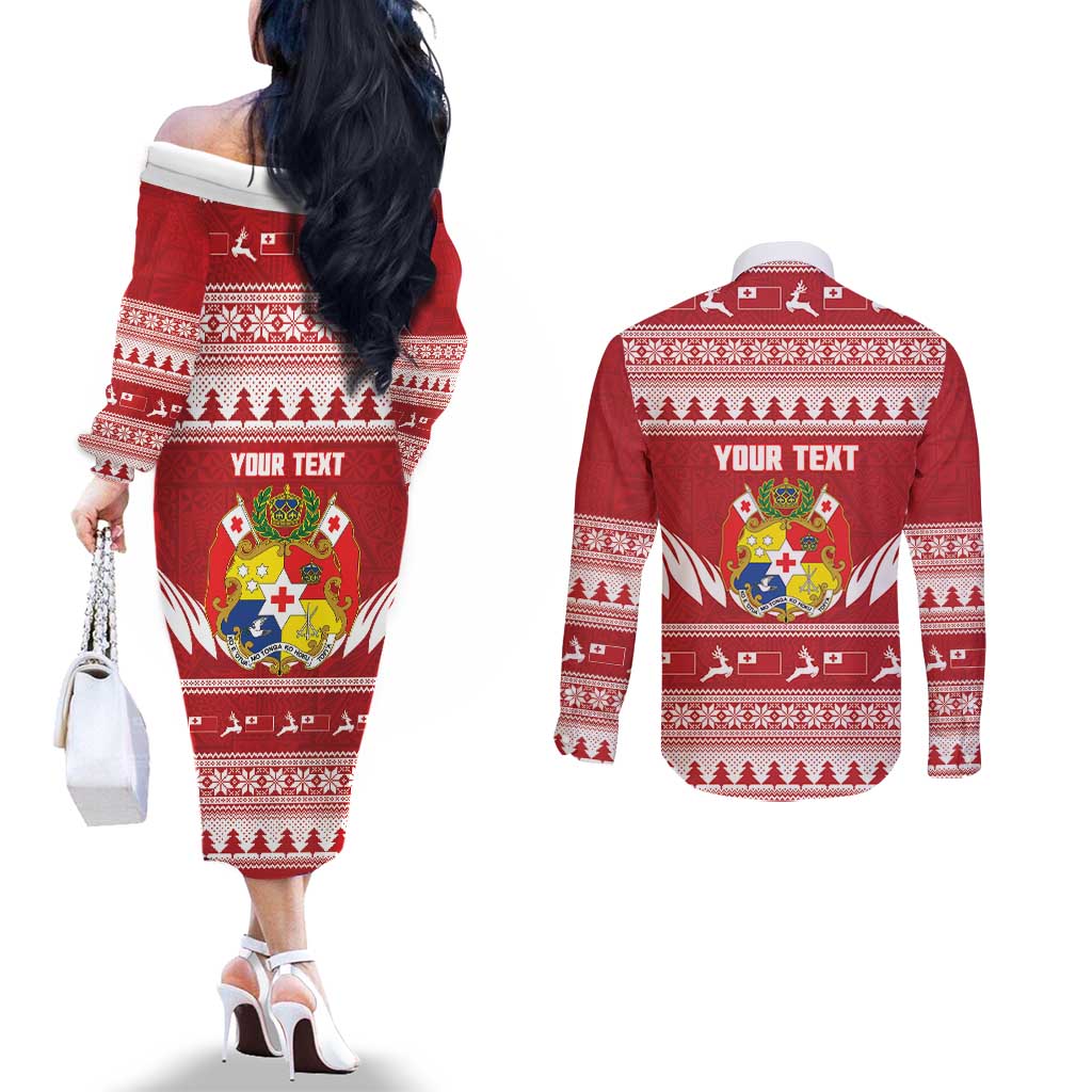 Personalised Tonga Rugby Christmas Couples Matching Off The Shoulder Long Sleeve Dress and Long Sleeve Button Shirt Mate Maa Tonga Ngatu Pattern - Polynesian Pride