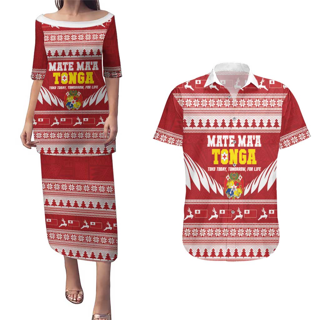 Personalised Tonga Rugby Christmas Couples Matching Puletasi and Hawaiian Shirt Mate Maa Tonga Ngatu Pattern - Polynesian Pride