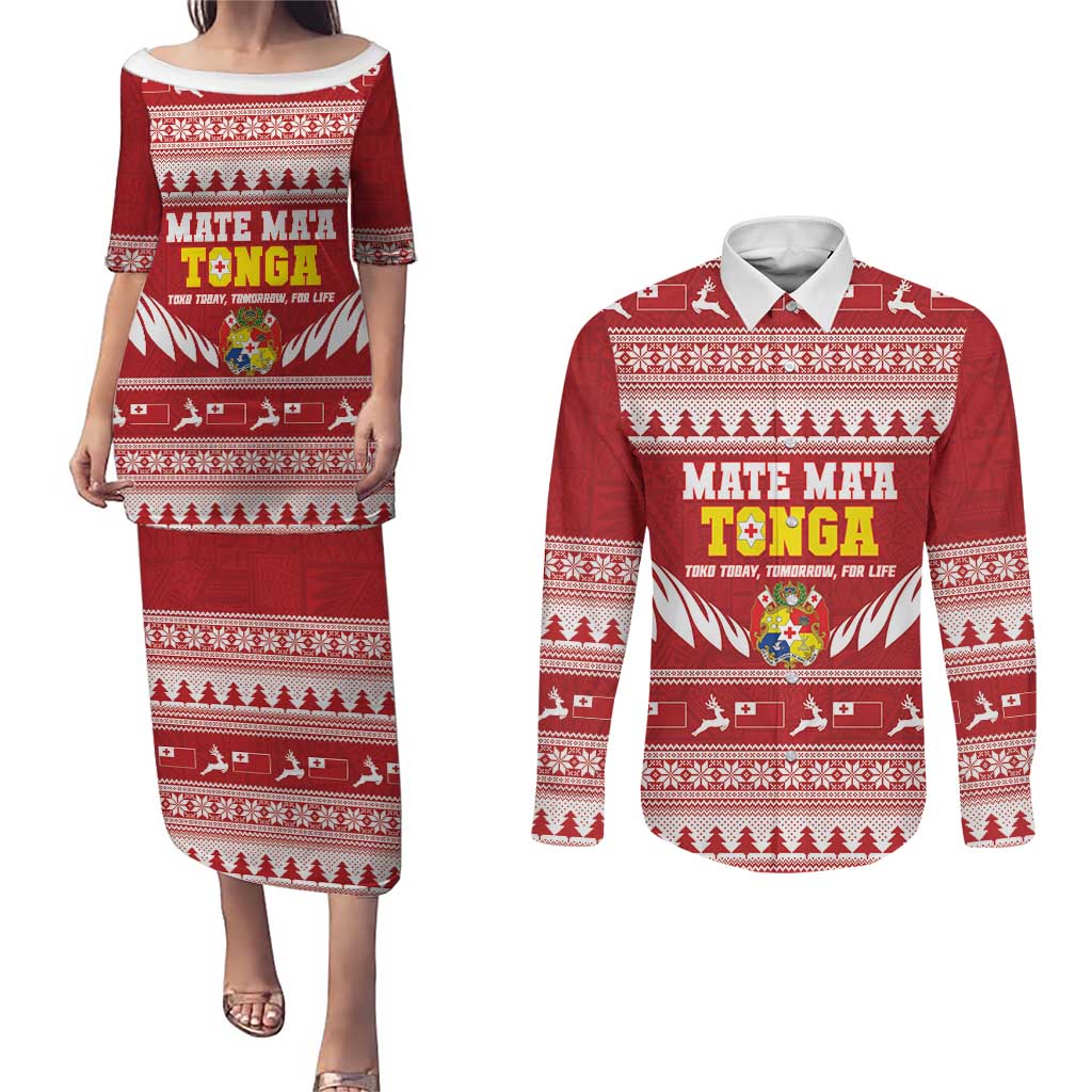 Personalised Tonga Rugby Christmas Couples Matching Puletasi and Long Sleeve Button Shirt Mate Maa Tonga Ngatu Pattern - Polynesian Pride