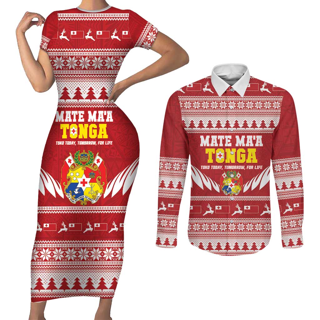 Personalised Tonga Rugby Christmas Couples Matching Short Sleeve Bodycon Dress and Long Sleeve Button Shirt Mate Maa Tonga Ngatu Pattern - Polynesian Pride