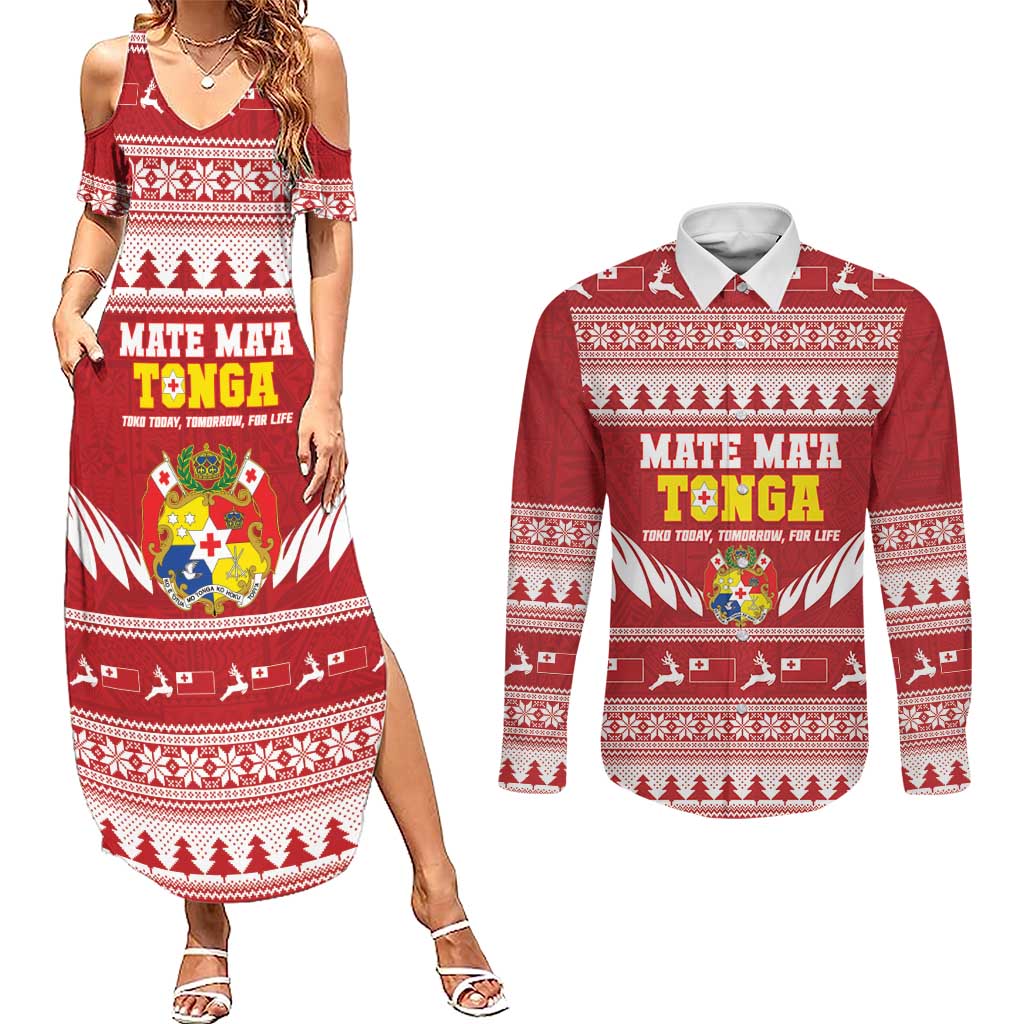 Personalised Tonga Rugby Christmas Couples Matching Summer Maxi Dress and Long Sleeve Button Shirt Mate Maa Tonga Ngatu Pattern - Polynesian Pride