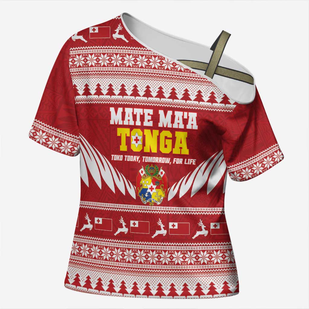 Personalised Tonga Rugby Christmas Cross Shoulder Shirt Mate Maa Tonga Ngatu Pattern - Polynesian Pride