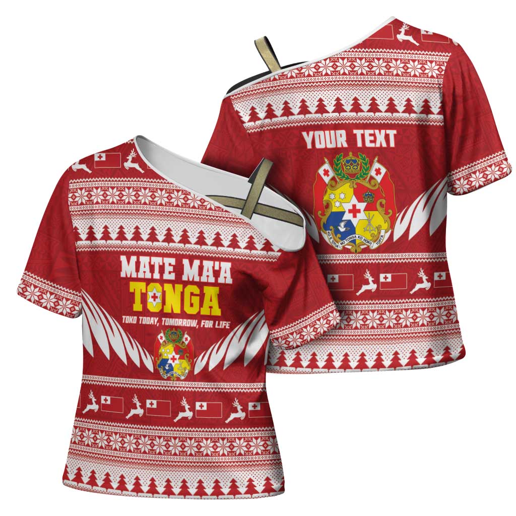 Personalised Tonga Rugby Christmas Cross Shoulder Shirt Mate Maa Tonga Ngatu Pattern - Polynesian Pride