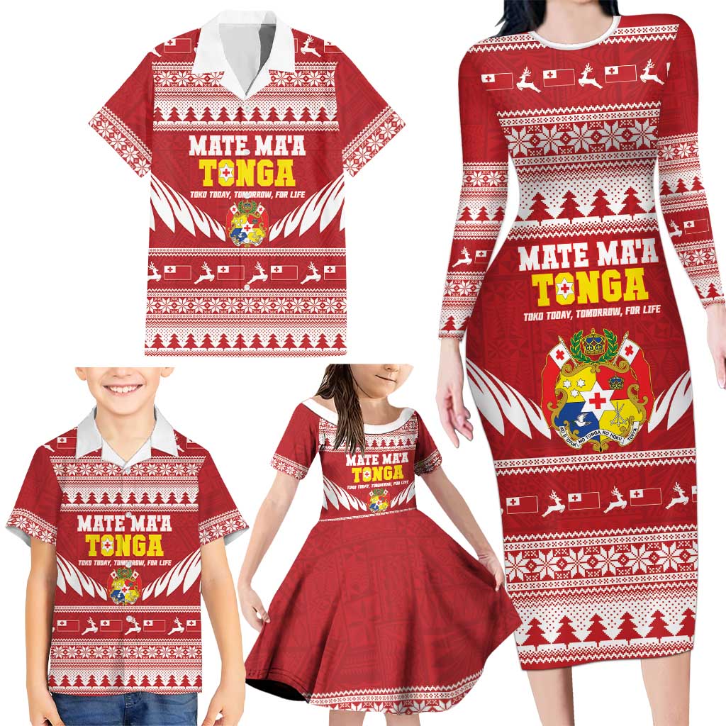 Personalised Tonga Rugby Christmas Family Matching Long Sleeve Bodycon Dress and Hawaiian Shirt Mate Maa Tonga Ngatu Pattern LT14 - Polynesian Pride