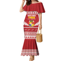 Personalised Tonga Rugby Christmas Family Matching Mermaid Dress and Hawaiian Shirt Mate Maa Tonga Ngatu Pattern LT14 Mom's Dress Red - Polynesian Pride