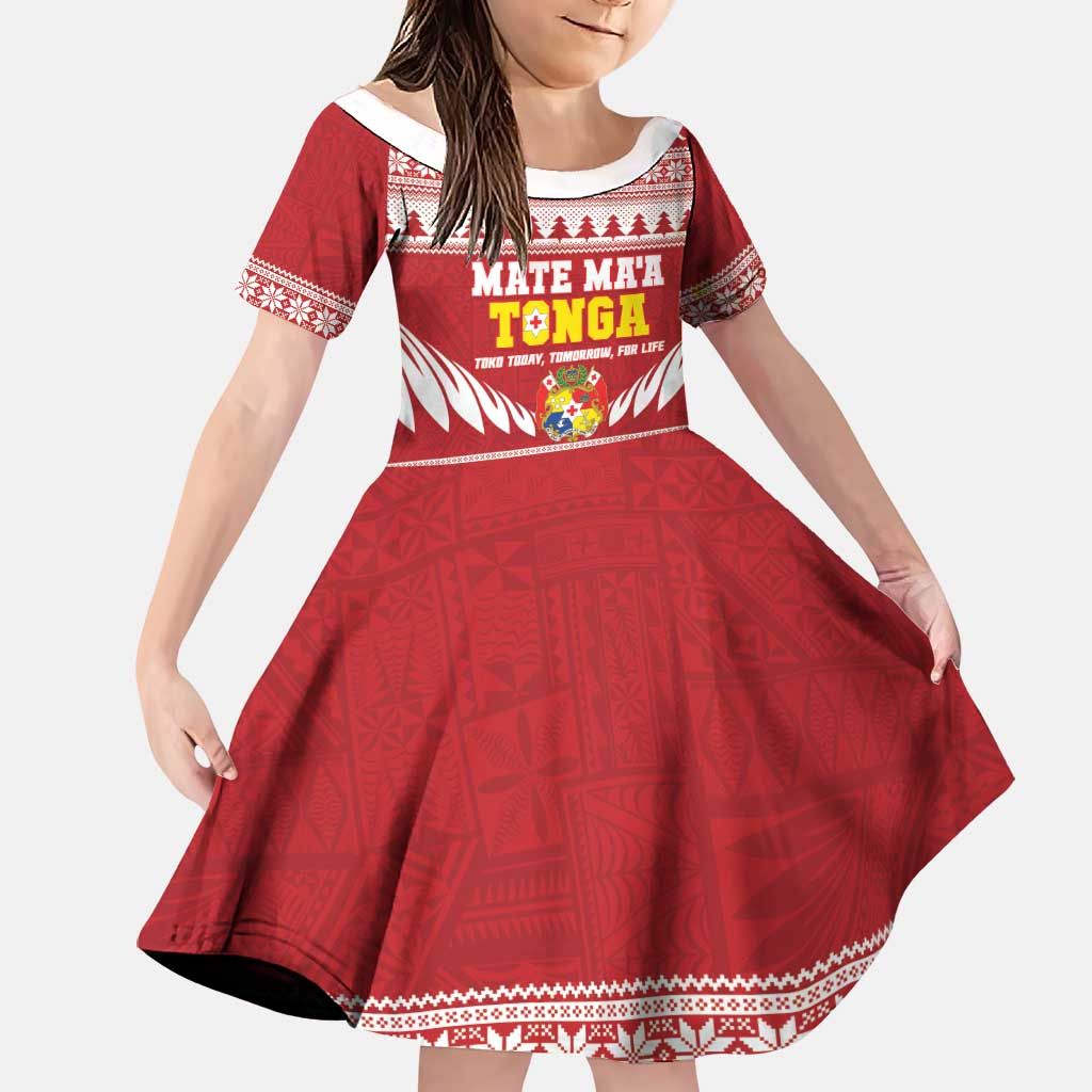 Personalised Tonga Rugby Christmas Family Matching Off The Shoulder Long Sleeve Dress and Hawaiian Shirt Mate Maa Tonga Ngatu Pattern LT14 Daughter's Dress Red - Polynesian Pride