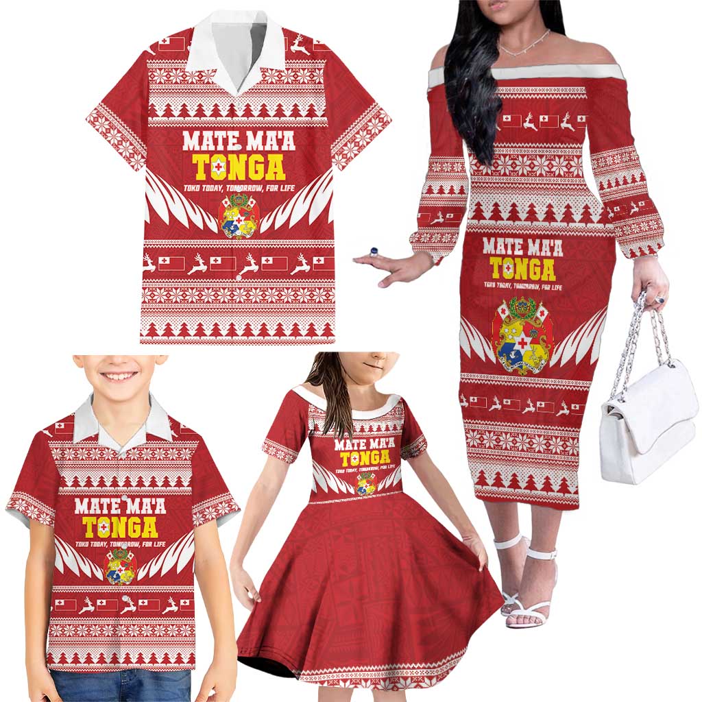 Personalised Tonga Rugby Christmas Family Matching Off The Shoulder Long Sleeve Dress and Hawaiian Shirt Mate Maa Tonga Ngatu Pattern LT14 - Polynesian Pride