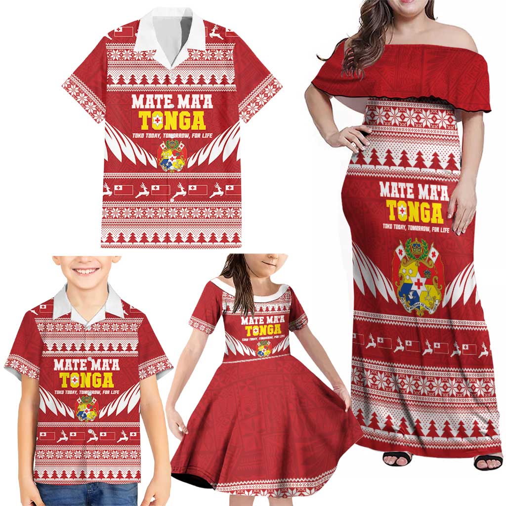Personalised Tonga Rugby Christmas Family Matching Off Shoulder Maxi Dress and Hawaiian Shirt Mate Maa Tonga Ngatu Pattern - Polynesian Pride