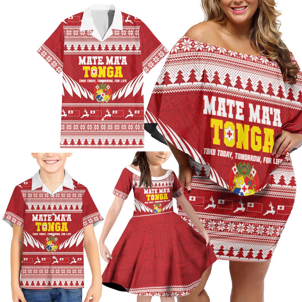 Personalised Tonga Rugby Christmas Family Matching Off Shoulder Short Dress and Hawaiian Shirt Mate Maa Tonga Ngatu Pattern - Polynesian Pride