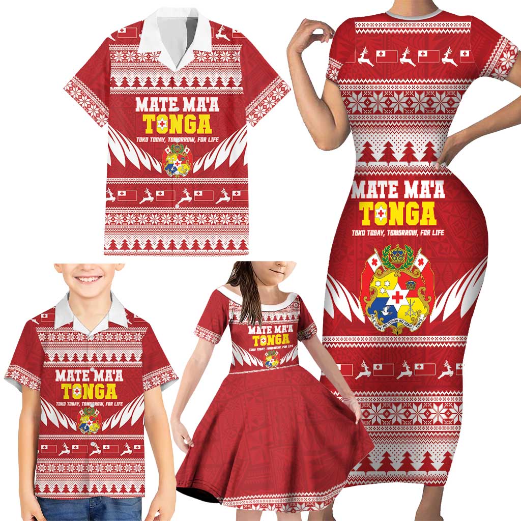 Personalised Tonga Rugby Christmas Family Matching Short Sleeve Bodycon Dress and Hawaiian Shirt Mate Maa Tonga Ngatu Pattern LT14 - Polynesian Pride