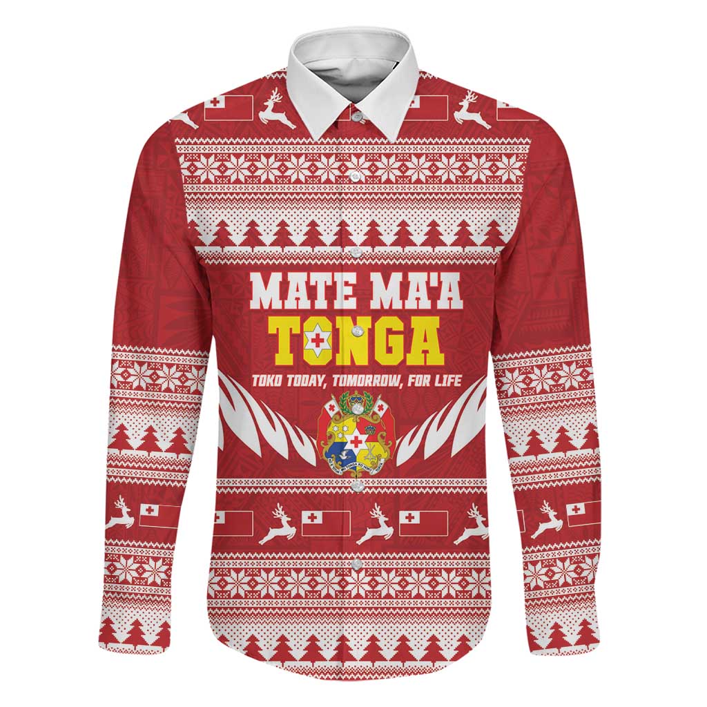Personalised Tonga Rugby Christmas Family Matching Short Sleeve Bodycon Dress and Hawaiian Shirt Mate Maa Tonga Ngatu Pattern LT14 Dad's Shirt - Long Sleeve Red - Polynesian Pride