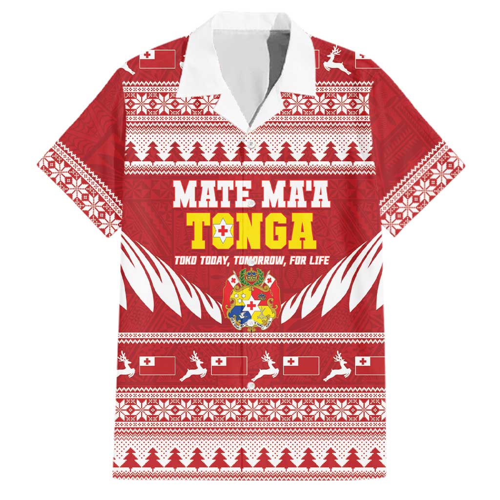 Personalised Tonga Rugby Christmas Family Matching Summer Maxi Dress and Hawaiian Shirt Mate Maa Tonga Ngatu Pattern LT14 Dad's Shirt - Short Sleeve Red - Polynesian Pride
