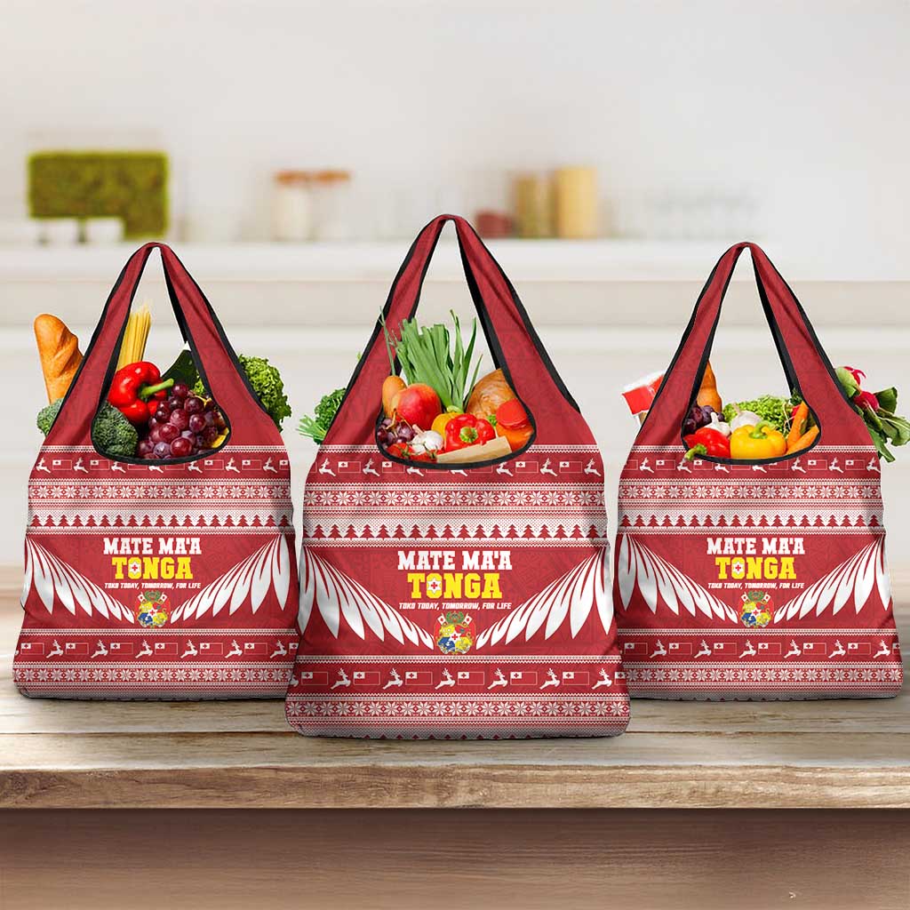 Tonga Rugby Christmas Grocery Bag Mate Maa Tonga Ngatu Pattern - Polynesian Pride