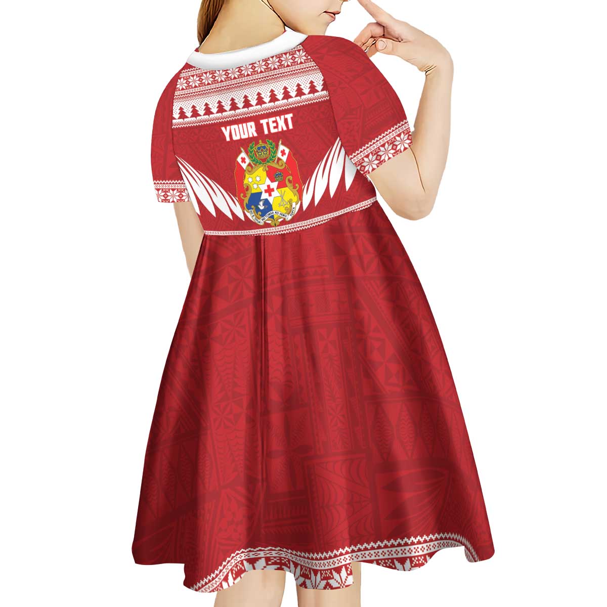 Personalised Tonga Rugby Christmas Kid Short Sleeve Dress Mate Maa Tonga Ngatu Pattern - Polynesian Pride
