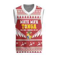 Personalised Tonga Rugby Christmas Knitted V-Neck Vest Mate Maa Tonga Ngatu Pattern LT14 Red - Polynesian Pride