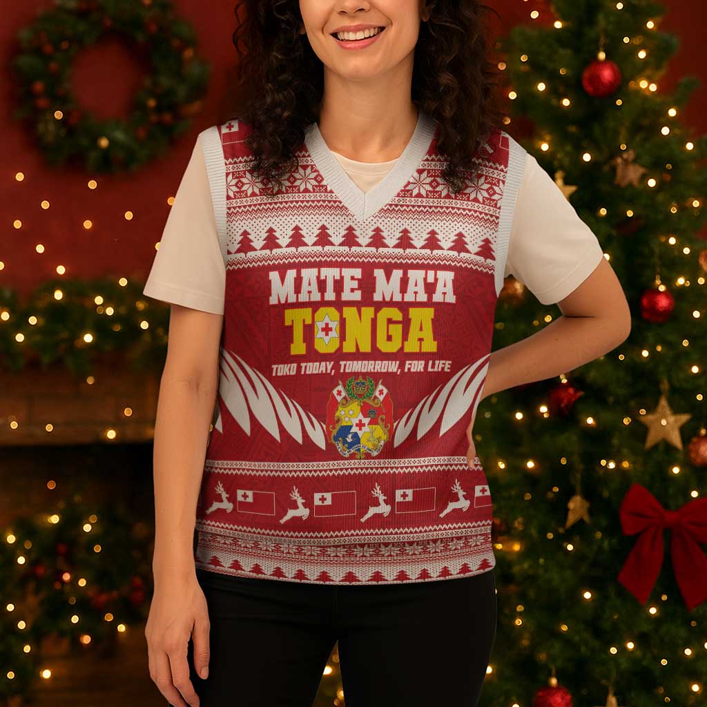Personalised Tonga Rugby Christmas Knitted V-Neck Vest Mate Maa Tonga Ngatu Pattern LT14 - Polynesian Pride