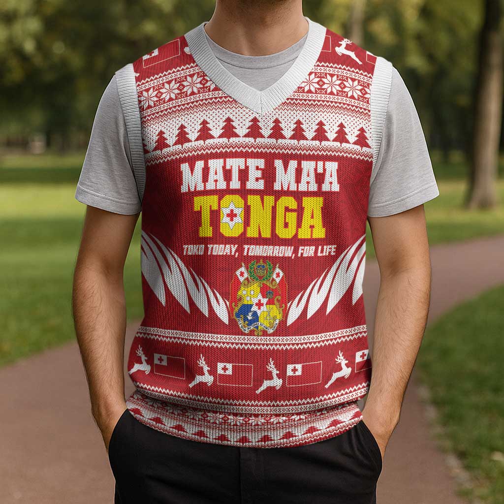 Personalised Tonga Rugby Christmas Knitted V-Neck Vest Mate Maa Tonga Ngatu Pattern LT14 - Polynesian Pride