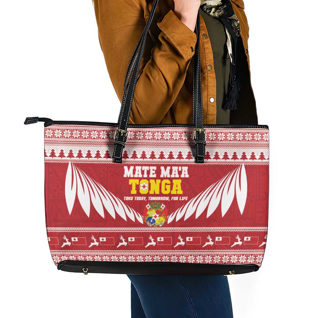 Tonga Rugby Christmas Leather Tote Bag Mate Maa Tonga Ngatu Pattern - Polynesian Pride