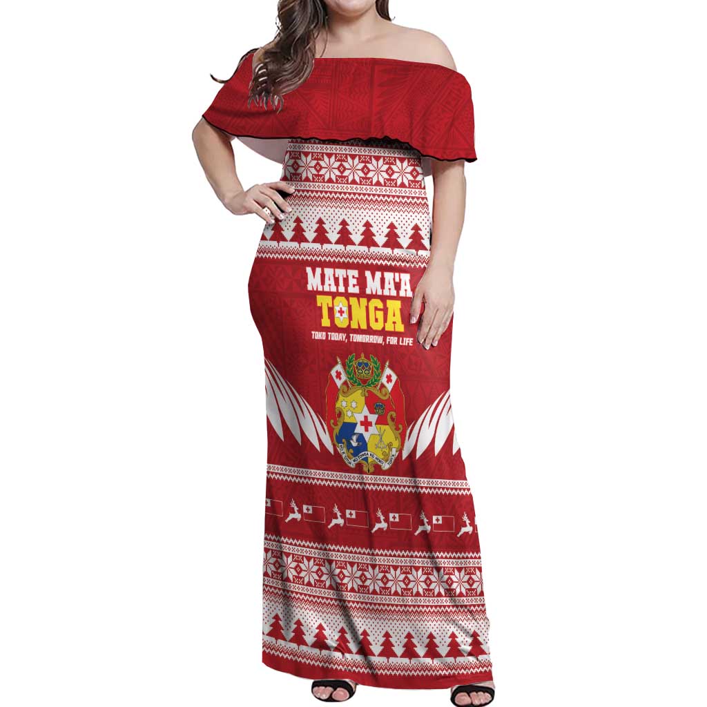 Personalised Tonga Rugby Christmas Off Shoulder Maxi Dress Mate Maa Tonga Ngatu Pattern LT14 Women Red - Polynesian Pride