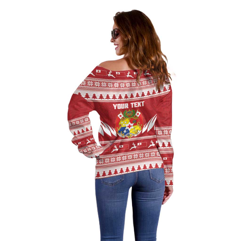Personalised Tonga Rugby Christmas Off Shoulder Sweater Mate Maa Tonga Ngatu Pattern - Polynesian Pride