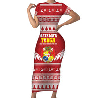 Personalised Tonga Rugby Christmas Short Sleeve Bodycon Dress Mate Maa Tonga Ngatu Pattern - Polynesian Pride