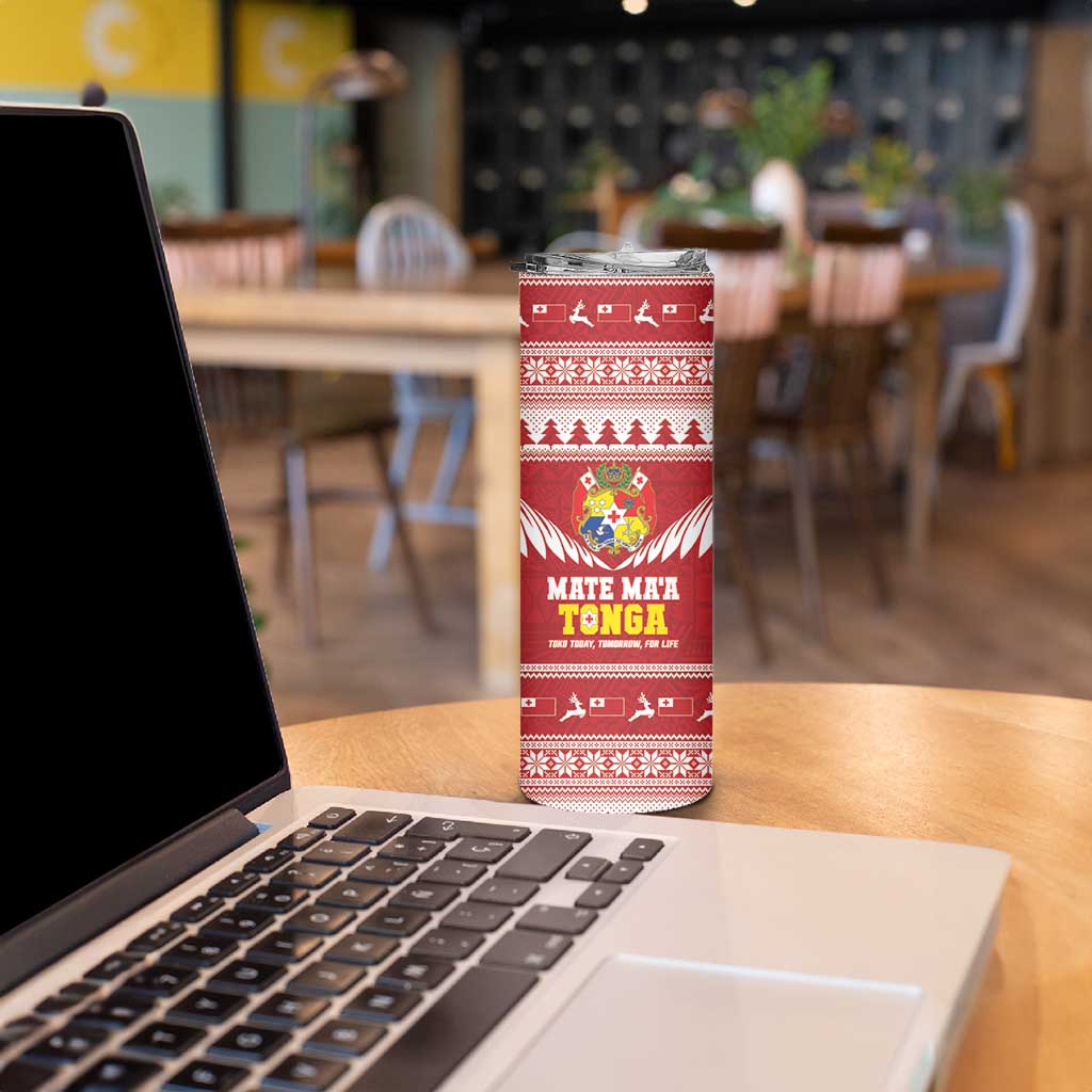 Personalised Tonga Rugby Christmas Skinny Tumbler Mate Maa Tonga Ngatu Pattern - Polynesian Pride