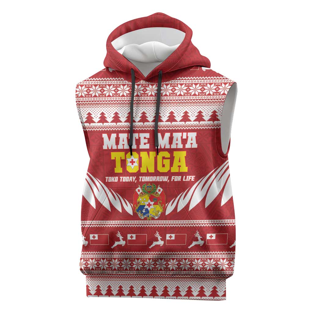 Personalised Tonga Rugby Christmas Sleeveless Hoodie Mate Maa Tonga Ngatu Pattern LT14 Red - Polynesian Pride