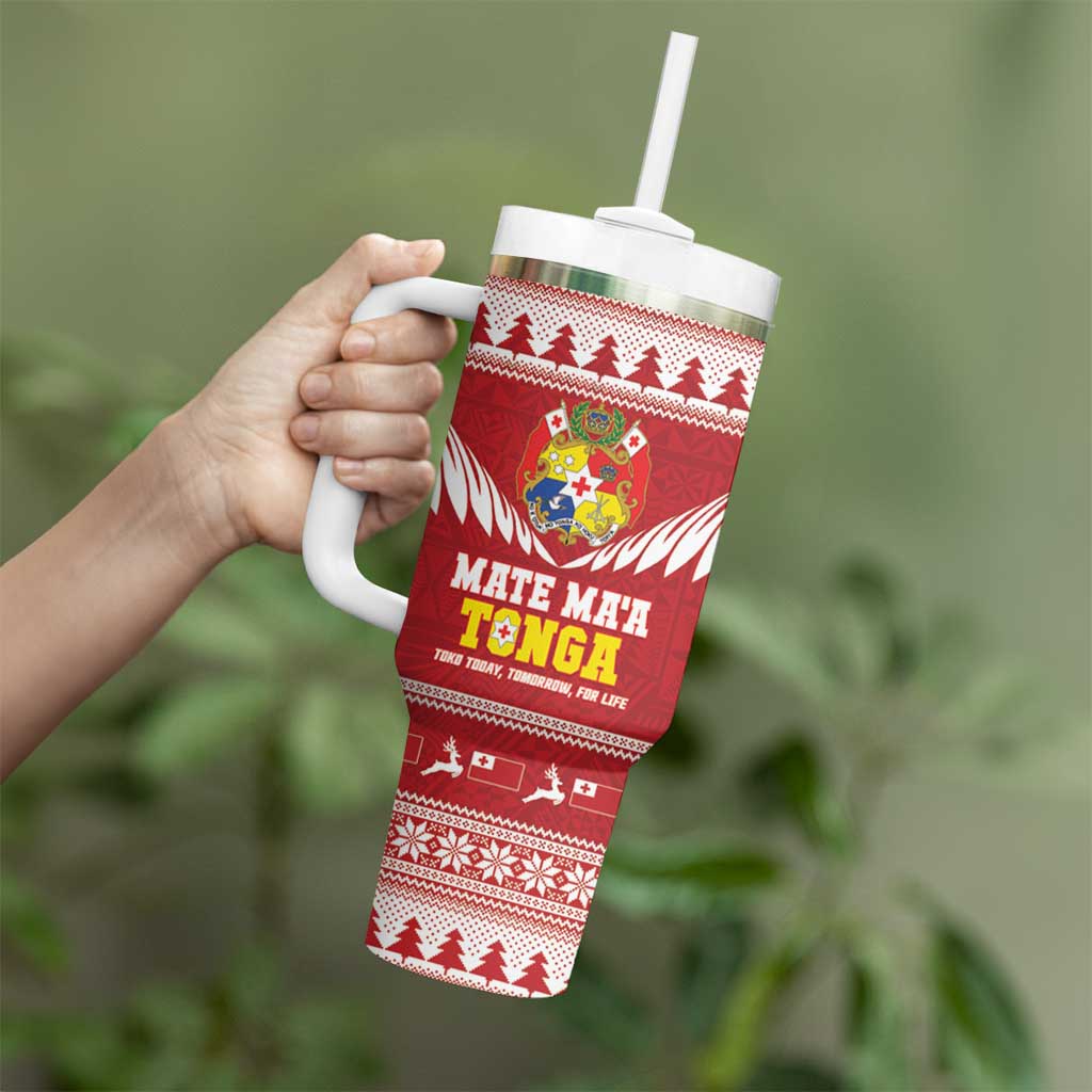 Personalised Tonga Rugby Christmas Tumbler With Handle Mate Maa Tonga Ngatu Pattern - Polynesian Pride