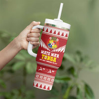 Personalised Tonga Rugby Christmas Tumbler With Handle Mate Maa Tonga Ngatu Pattern - Polynesian Pride