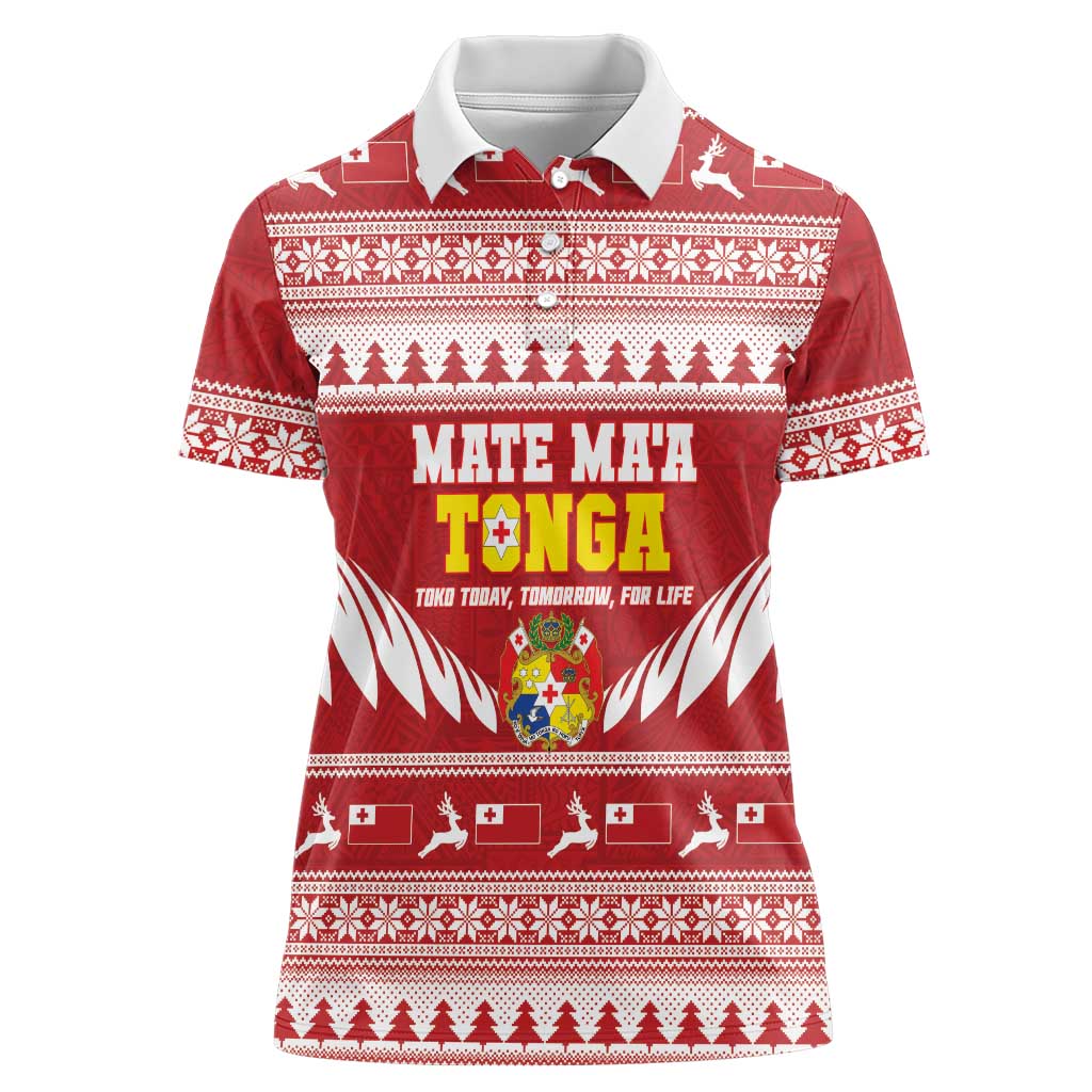 Personalised Tonga Rugby Christmas Women Polo Shirt Mate Maa Tonga Ngatu Pattern - Polynesian Pride