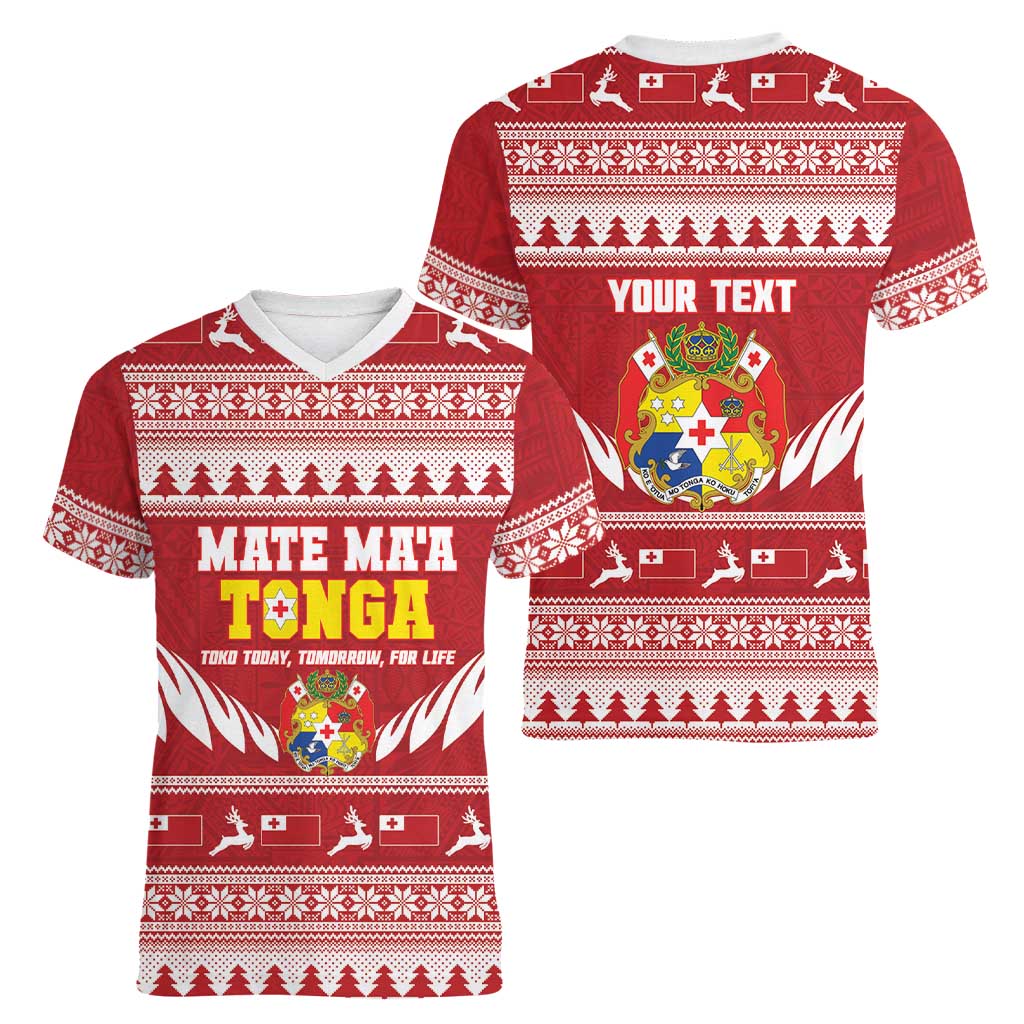 Personalised Tonga Rugby Christmas Women V-Neck T-Shirt Mate Maa Tonga Ngatu Pattern - Polynesian Pride