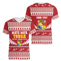 Personalised Tonga Rugby Christmas Women V-Neck T-Shirt Mate Maa Tonga Ngatu Pattern - Polynesian Pride