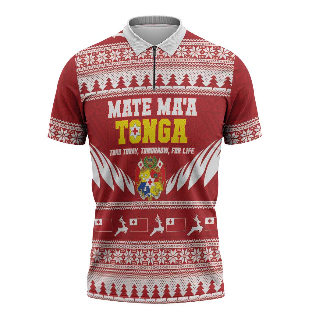 Personalised Tonga Rugby Christmas Zipper Polo Shirt Mate Maa Tonga Ngatu Pattern LT14 Red - Polynesian Pride