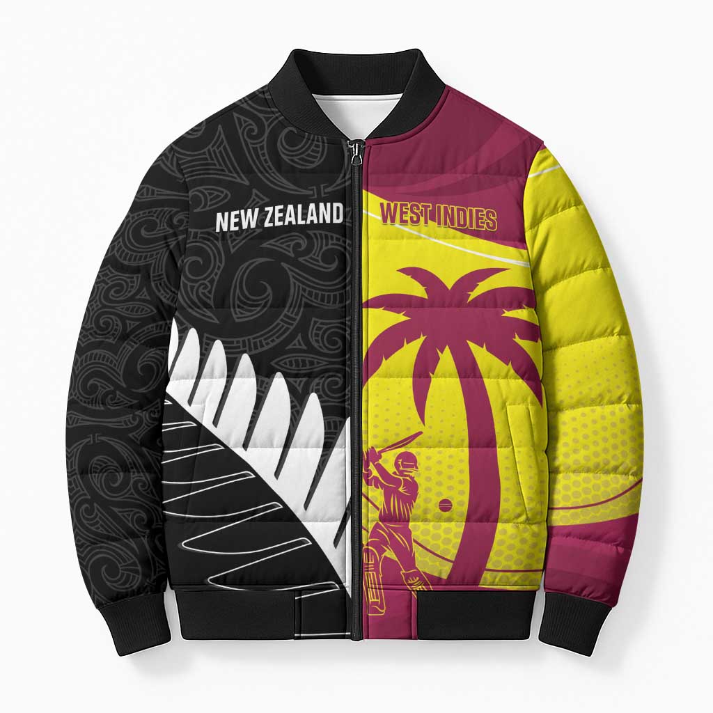 New Zealand and West Indies Cricket Custom Bomber Puffer Jacket Black Cap Windies Together - Polynesian Pride
