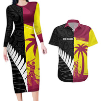 New Zealand and West Indies Cricket Custom Couples Matching Long Sleeve Bodycon Dress and Hawaiian Shirt Black Cap Windies Together LT14 Black - Polynesian Pride