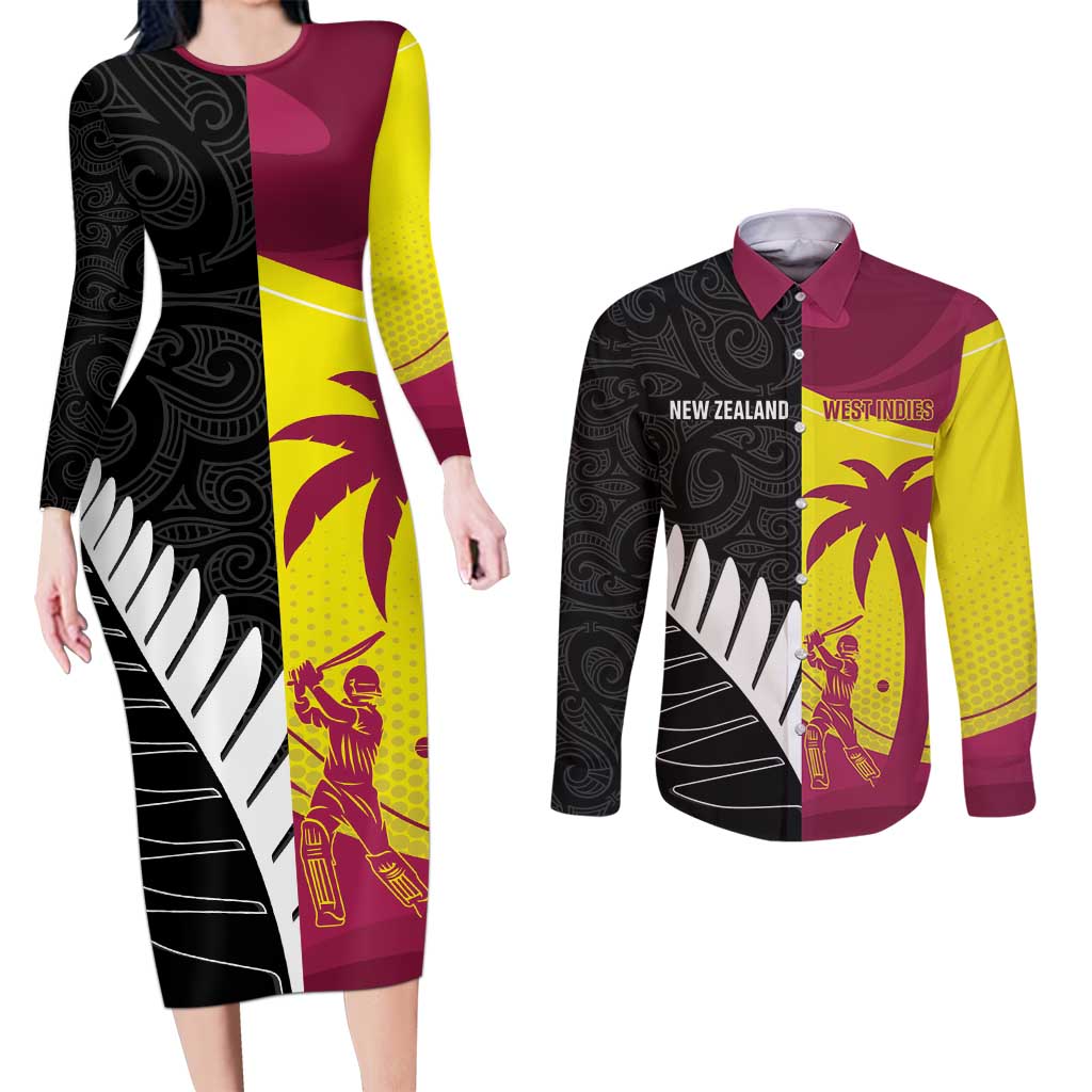 New Zealand and West Indies Cricket Custom Couples Matching Long Sleeve Bodycon Dress and Long Sleeve Button Shirt Black Cap Windies Together LT14 Black - Polynesian Pride
